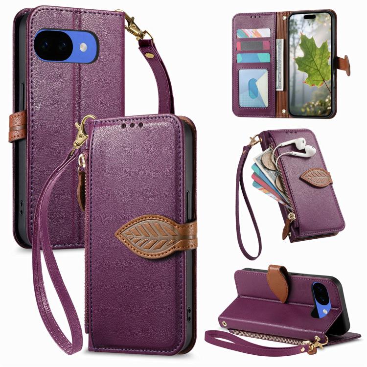 Leaf Buckle Zipper Wallet Leather Phone Case with Strap, For Google Pixel 10a, For Google Pixel 10 Pro XL, For Google Pixel 9a, For Google Pixel 9 Pro XL, For Google Pixel 10 / 10 Pro, For Google Pixel 9 / 9 Pro