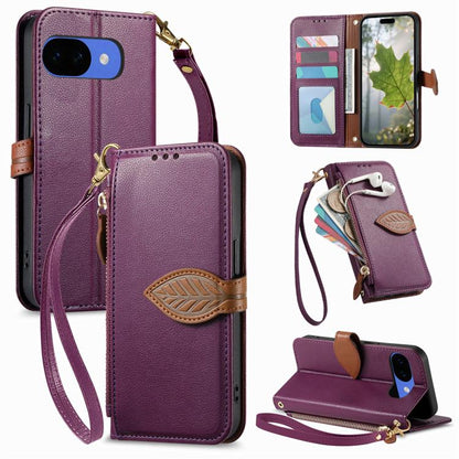 Leaf Buckle Zipper Wallet Leather Phone Case with Strap, For Google Pixel 10a, For Google Pixel 10 Pro XL, For Google Pixel 9a, For Google Pixel 9 Pro XL, For Google Pixel 10 / 10 Pro, For Google Pixel 9 / 9 Pro