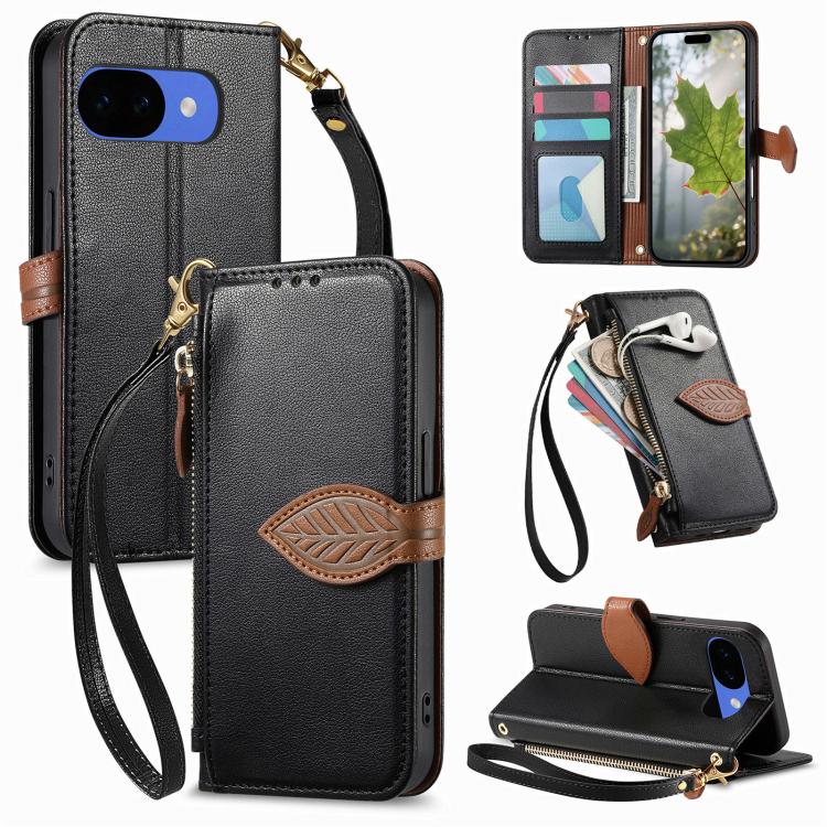 Leaf Buckle Zipper Wallet Leather Phone Case with Strap, For Google Pixel 10a, For Google Pixel 10 Pro XL, For Google Pixel 9a, For Google Pixel 9 Pro XL, For Google Pixel 10 / 10 Pro, For Google Pixel 9 / 9 Pro