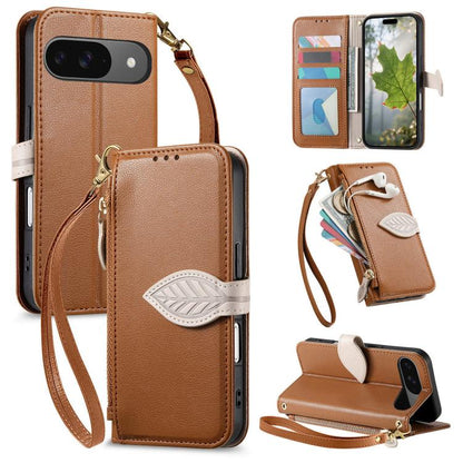 Leaf Buckle Zipper Wallet Leather Phone Case with Strap, For Google Pixel 11 Pro XL, For Google Pixel 10a, For Google Pixel 10 Pro XL, For Google Pixel 9a, For Google Pixel 9 Pro XL, For Google Pixel 11 / 11 Pro, For Google Pixel 10 / 10 Pro           ...