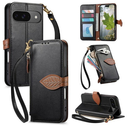 Leaf Buckle Zipper Wallet Leather Phone Case with Strap, For Google Pixel 11 Pro XL, For Google Pixel 10a, For Google Pixel 10 Pro XL, For Google Pixel 9a, For Google Pixel 9 Pro XL, For Google Pixel 11 / 11 Pro, For Google Pixel 10 / 10 Pro           ...