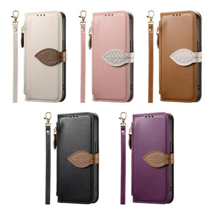 Leaf Buckle Zipper Wallet Leather Phone Case with Strap, For Google Pixel 10a, For Google Pixel 10 Pro XL, For Google Pixel 9a, For Google Pixel 9 Pro XL, For Google Pixel 10 / 10 Pro, For Google Pixel 9 / 9 Pro