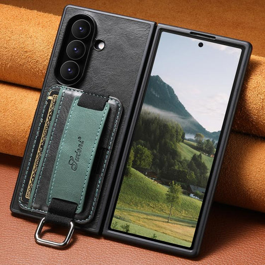 Suteni H13 Oil Wax Leather Wrist Strap Wallet Back Phone Case, For Galaxy Z Fold8 Ultra 5G, For Galaxy Z Fold7 5G, For Galaxy Z Fold6, For Galaxy Z Fold5