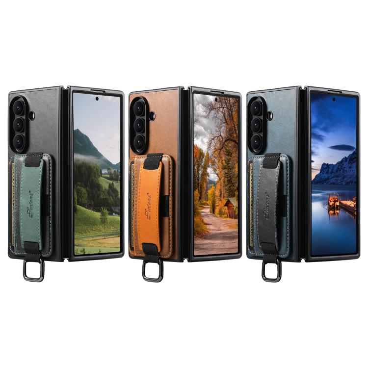 Suteni H13 Oil Wax Leather Wrist Strap Wallet Back Phone Case, For Galaxy Z Fold8 Ultra 5G, For Galaxy Z Fold7 5G, For Galaxy Z Fold6, For Galaxy Z Fold5
