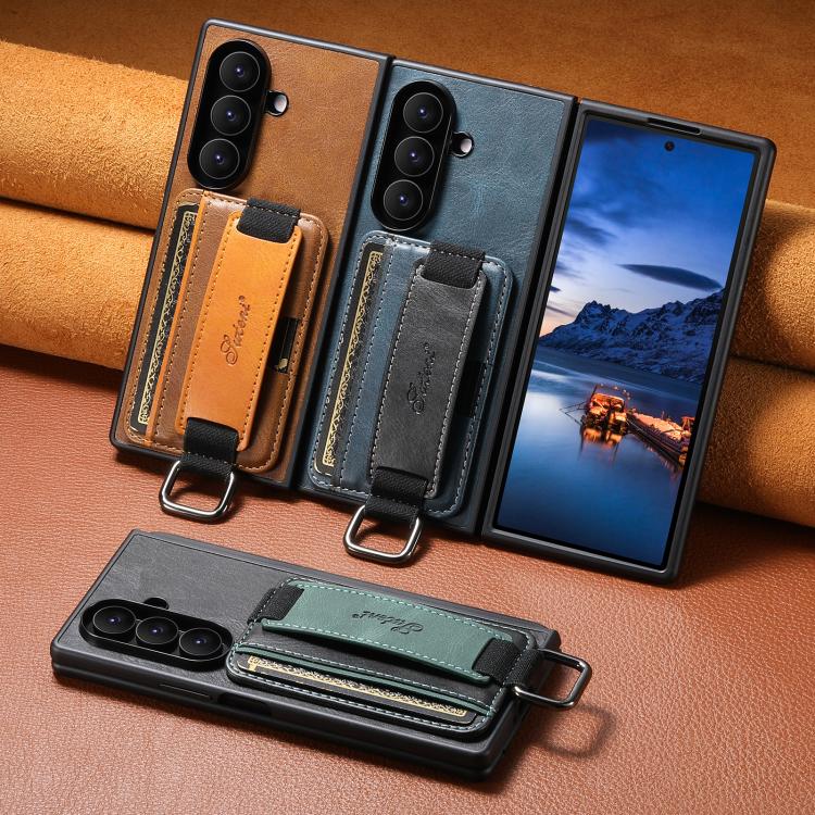 Suteni H13 Oil Wax Leather Wrist Strap Wallet Back Phone Case, For Galaxy Z Fold8 Ultra 5G, For Galaxy Z Fold7 5G, For Galaxy Z Fold6, For Galaxy Z Fold5
