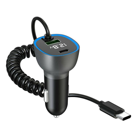 GE05 Retractable Cable USB + Type-C Car Charger Voltage Display PD 65W Fast Charging Adapter