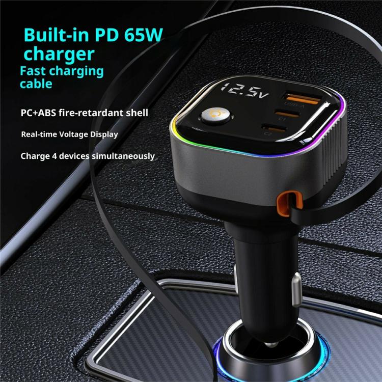 GE03 PD 65W Fast Charging Adapter Retractable Cable and Ambient Light Voltage Display Car Charger