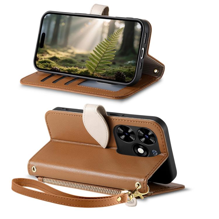 Leaf Buckle Zipper Wallet Leather Phone Case with Strap, For Tecno Spark 20C, For Tecno Spark 20, For Tecno Spark Go 2024