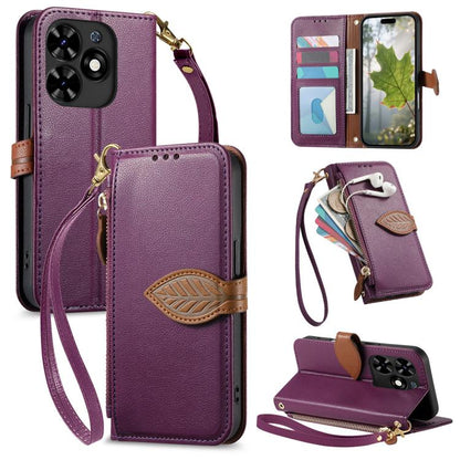 Leaf Buckle Zipper Wallet Leather Phone Case with Strap, For Tecno Spark 20C, For Tecno Spark 20, For Tecno Spark Go 2024