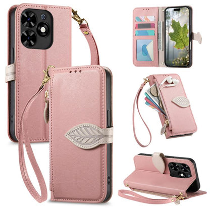 Leaf Buckle Zipper Wallet Leather Phone Case with Strap, For Tecno Spark 20C, For Tecno Spark 20, For Tecno Spark Go 2024