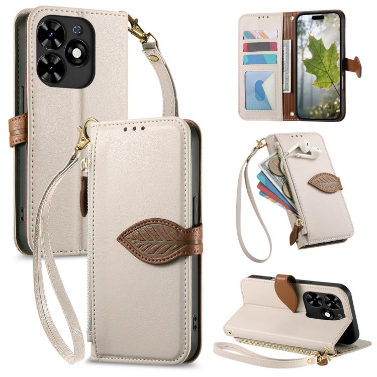 Leaf Buckle Zipper Wallet Leather Phone Case with Strap, For Tecno Spark 20C, For Tecno Spark 20, For Tecno Spark Go 2024