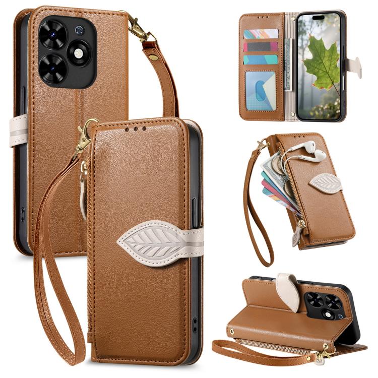 Leaf Buckle Zipper Wallet Leather Phone Case with Strap, For Tecno Spark 20C, For Tecno Spark 20, For Tecno Spark Go 2024