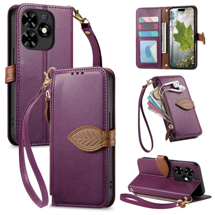 Leaf Buckle Zipper Wallet Leather Phone Case with Strap, For Tecno Spark 20C, For Tecno Spark 20, For Tecno Spark Go 2024