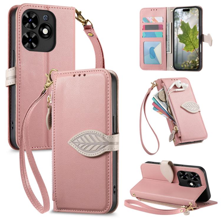 Leaf Buckle Zipper Wallet Leather Phone Case with Strap, For Tecno Spark 20C, For Tecno Spark 20, For Tecno Spark Go 2024