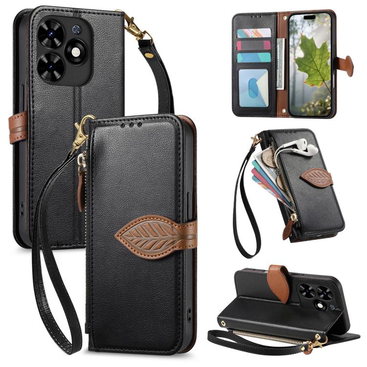 Leaf Buckle Zipper Wallet Leather Phone Case with Strap, For Tecno Spark 20C, For Tecno Spark 20, For Tecno Spark Go 2024