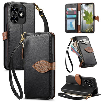 Leaf Buckle Zipper Wallet Leather Phone Case with Strap, For Tecno Spark 20C, For Tecno Spark 20, For Tecno Spark Go 2024