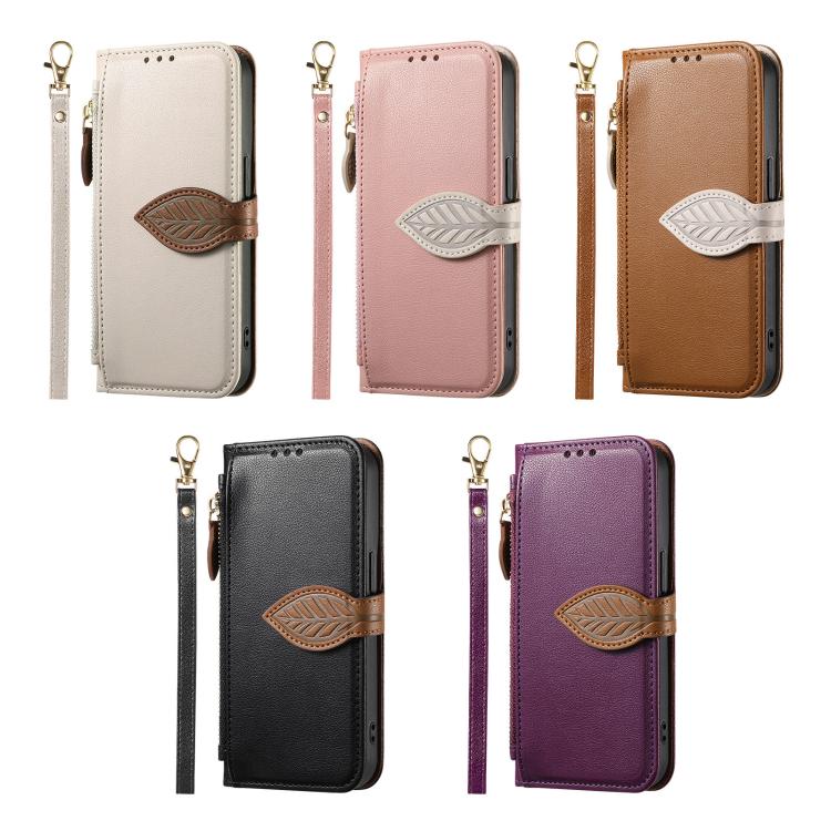 Leaf Buckle Zipper Wallet Leather Phone Case with Strap, For Tecno Spark 20C, For Tecno Spark 20, For Tecno Spark Go 2024