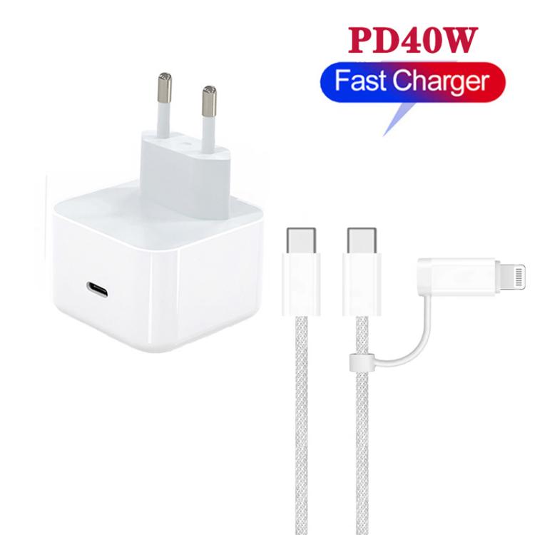 A3365 PD40W USB-C / Type-C Charger with Type-C to Type-C / 8 Pin Data Cable, EU Plug, EU Plug + 1m 2-in-1 Cable