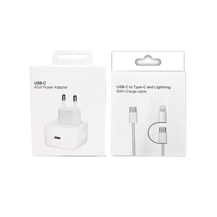 A3365 PD40W USB-C / Type-C Charger with Type-C to Type-C / 8 Pin Data Cable, EU Plug, EU Plug + 1m 2-in-1 Cable