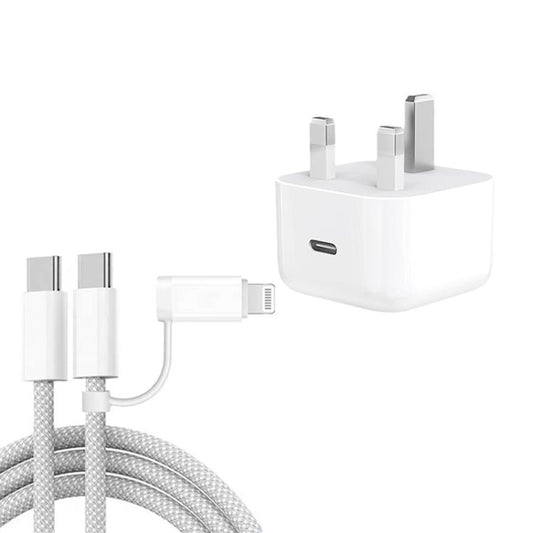 A3365 PD40W USB-C / Type-C Charger with Type-C to Type-C / 8 Pin Data Cable, UK Plug, UK Plug + 1m 2-in-1 Cable