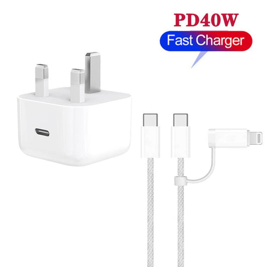 A3365 PD40W USB-C / Type-C Charger with Type-C to Type-C / 8 Pin Data Cable, UK Plug, UK Plug + 1m 2-in-1 Cable