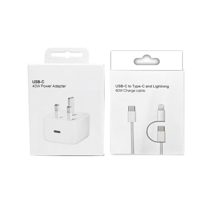 A3365 PD40W USB-C / Type-C Charger with Type-C to Type-C / 8 Pin Data Cable, UK Plug, UK Plug + 1m 2-in-1 Cable