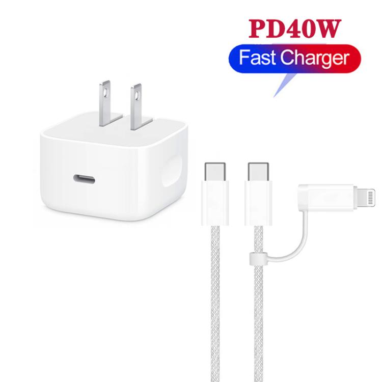 A3365 PD40W USB-C / Type-C Charger with Type-C to Type-C / 8 Pin Data Cable, US Plug, US Plug + 1m 2-in-1 Cable