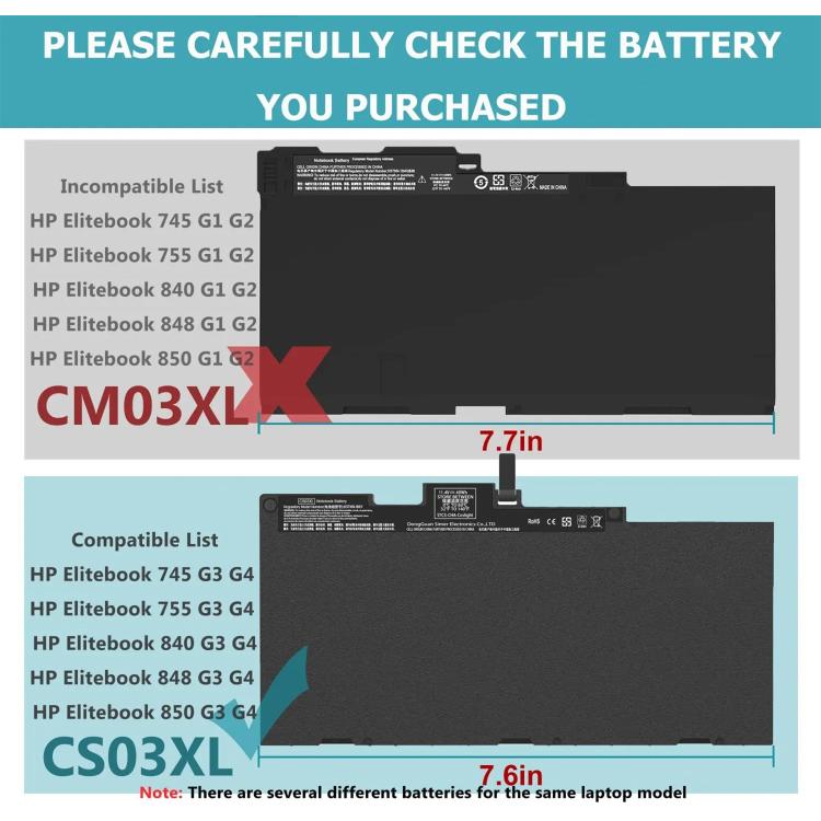 Batteries d'ordinateur portable pour HP EliteBook 840G3 848G3 840G4 850G3 848G4 850G4, CS03XL 11,4V 46,5Wh