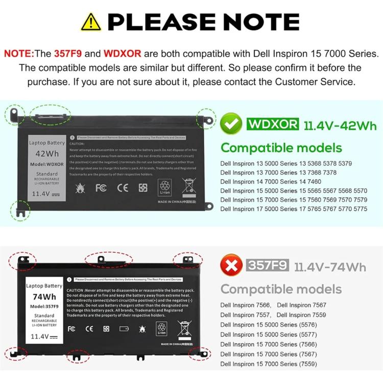 Batterie d'ordinateur portable de remplacement 3600 mAh pour Dell Inspiron 14 7460 15 7560, WDX0R