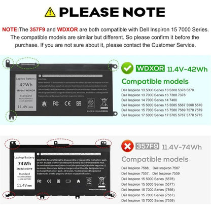 Batterie d'ordinateur portable de remplacement 3600 mAh pour Dell Inspiron 14 7460 15 7560, WDX0R