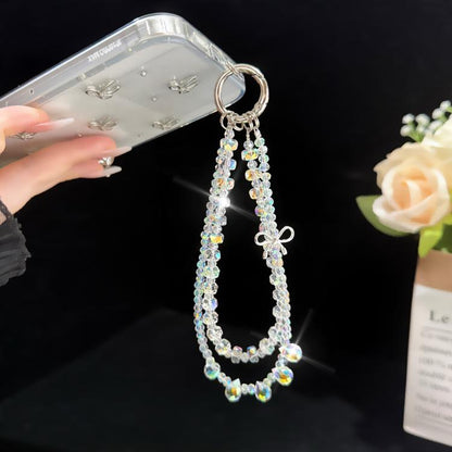 Sparkly Alloy Bow Crystal Double-Layer Phone Chain, Oval Crystal, Cushion Round Crystal, Wheel Crystal, Cube Sugar Crystal, Flower Ball Crystal, Strawberry Crystal
