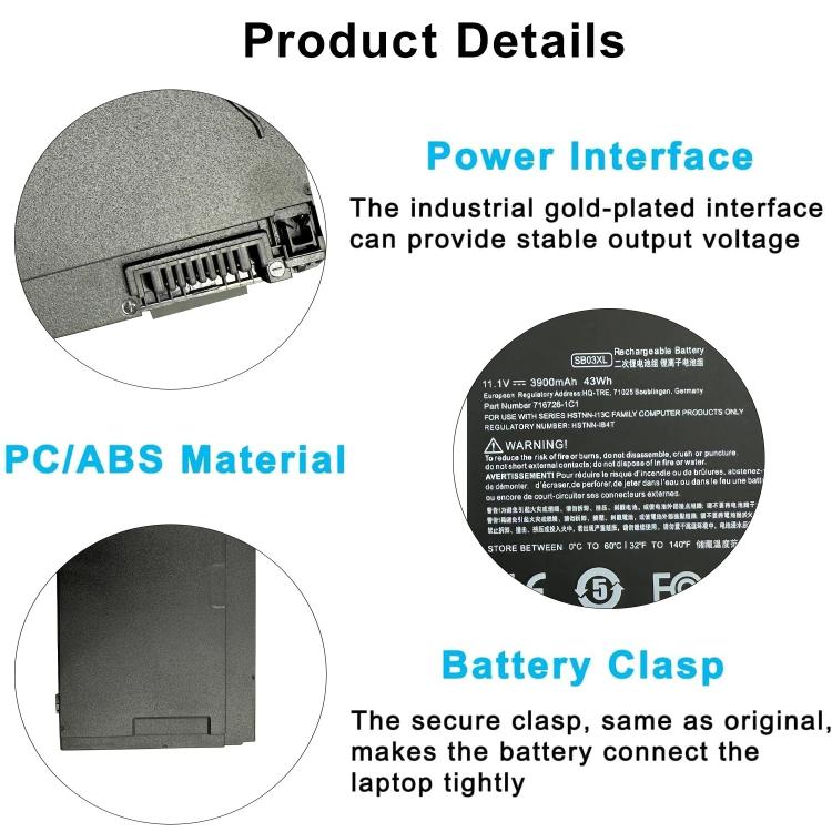Batterie de rechange 4000 mAh pour ordinateur portable HP OMEN 6 Pro Plus, SB03XL