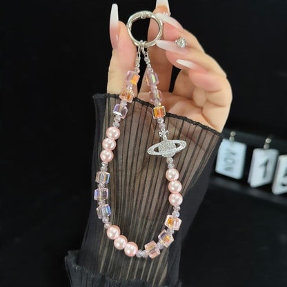 Elegant Retro Saturn Iridescent Cube Phone Chain, Gold, Pink, White, Purple