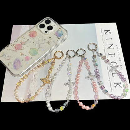 Elegant Retro Saturn Iridescent Cube Phone Chain, Gold, Pink, White, Purple