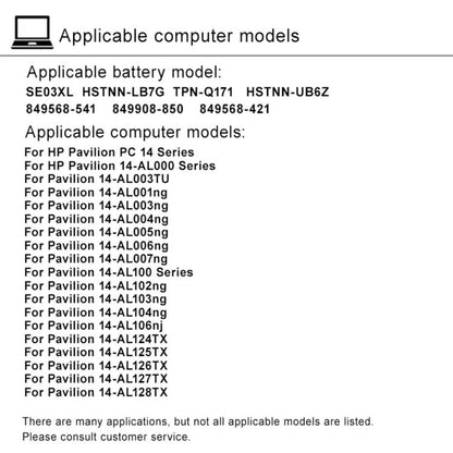 Batterie de remplacement 3615mAh pour ordinateur portable HP TPN-Q171 14-AL027TX AL127TX, SE03XL