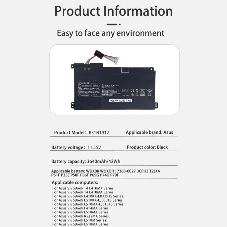 Batterie de remplacement 3 600 mAh pour ordinateur portable ASUS E410M E410MA E510M, B31N1912