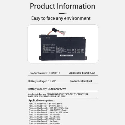 Batterie de remplacement 3 600 mAh pour ordinateur portable ASUS E410M E410MA E510M, B31N1912