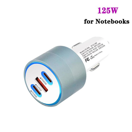 شاحن سيارة TE-P68 بقوة 125 واط، يدعم الشحن السريع PD65W، مزود بمنفذي Type-C ومنفذ USB، مناسب لأجهزة الكمبيوتر المحمولة.
