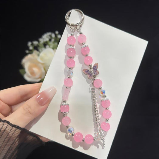 Pearl and Butterfly Drill Cotton Bracelet, Pink, Green