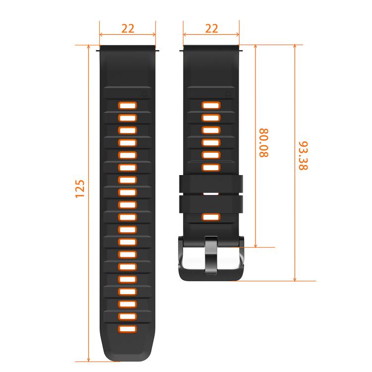 Black Steel Pin Buckle Two Color Silicone Watch Band, 22mm