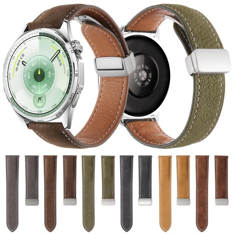 Oil Waxed Lychee Texture Magnetic Buckle Vegan Leather Watch Band, 20mm, 22mm
