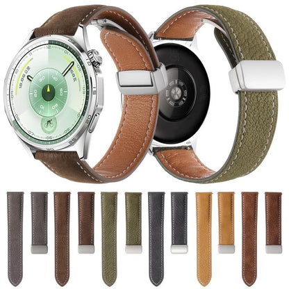 Oil Waxed Lychee Texture Magnetic Buckle Vegan Leather Watch Band, 20mm, 22mm