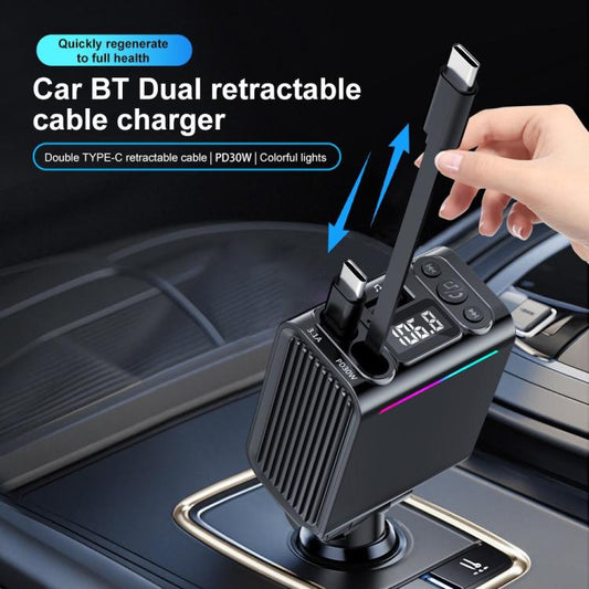 C88 con cable retráctil doble, Bluetooth 5.3, cargador de coche USB, adaptador para encendedor de cigarrillos, C88