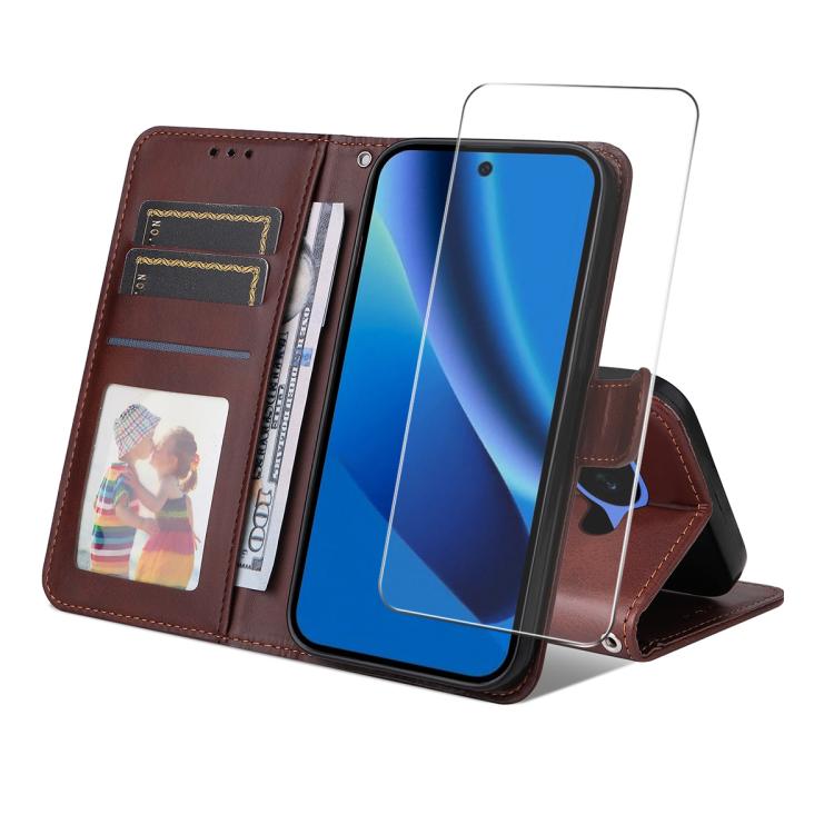 ENKAY Card Wallet Calf Texture Leather Phone Case with Screen Film, For Google Pixel 10a
