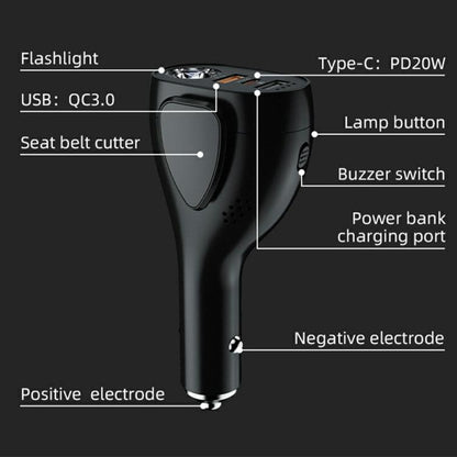 A13 Multifunctional QC3.0 Car Charger Safety Hammer Seatbelt Cutter with LED Flashlight, A13
