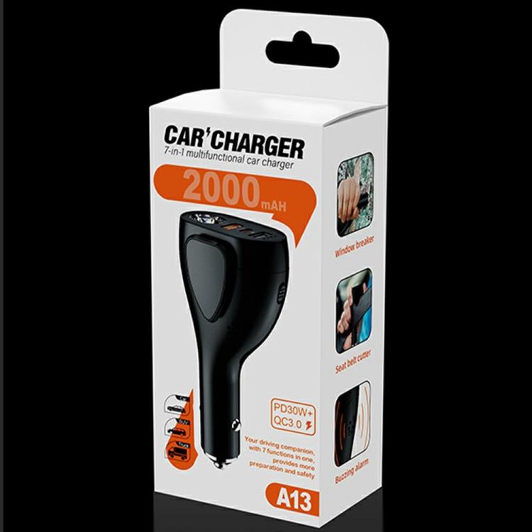 A13 Multifunctional QC3.0 Car Charger Safety Hammer Seatbelt Cutter with LED Flashlight, A13