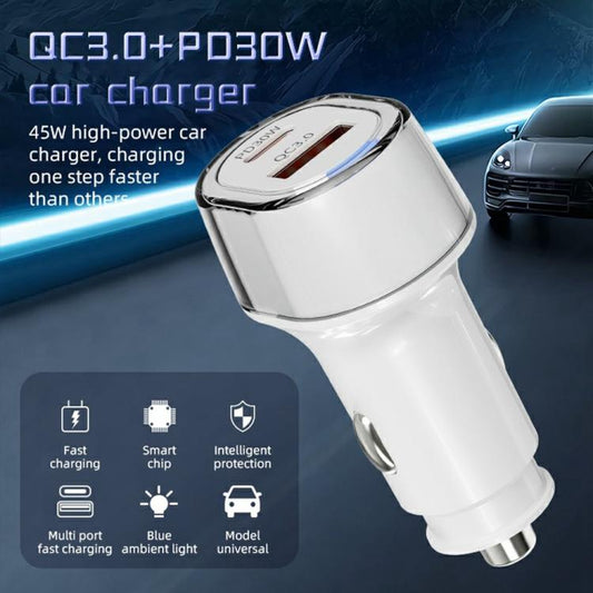 شاحن سيارة ثنائي المنافذ A6 USB و Type-C بتقنية الشحن السريع QC3.0 + PD بقدرة 30 واط مع إضاءة محيطية، A6