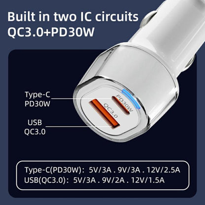 A6 USB and Type-C Dual Port Car Charger QC3.0 + PD 30W Fast Charger with Ambient Light, A6