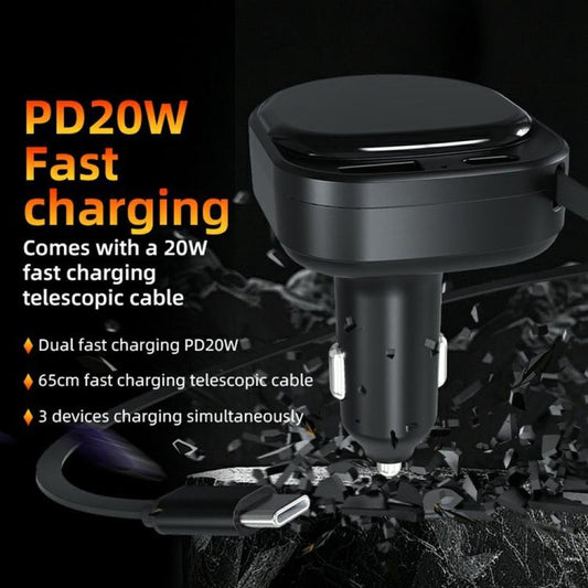 شاحن سيارة K8 PD بقوة 20 واط و QC بقوة 18 واط، مزود بمنفذي USB-A و USB-C، وكابل من النوع C قابل للسحب، K8