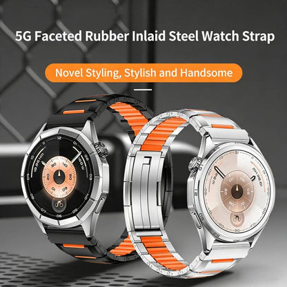 Multi-Faceted Rubber Inlaid Stainless Steel Watch Band, 22mm